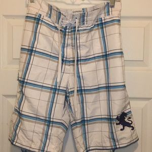 White w/blue plaid board shorts size L